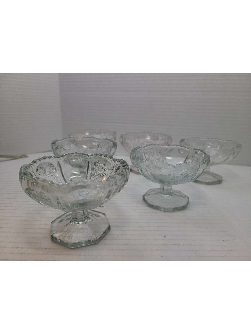 Indiana Glass Antique Set of 6 Paneled Heather Clear Glass Footed Dessert Dishes